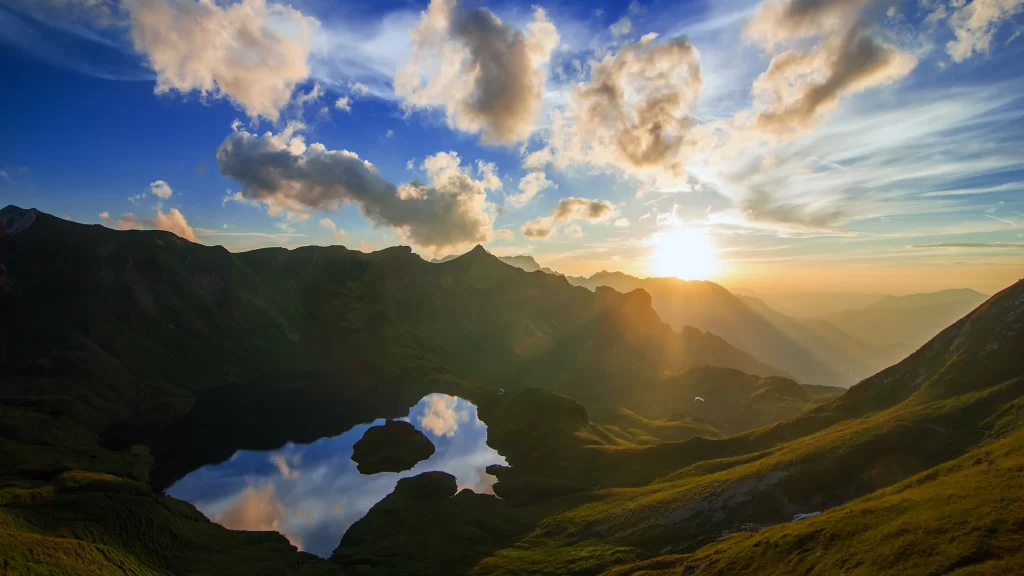 Sunset mountains lake clouds landscape nature