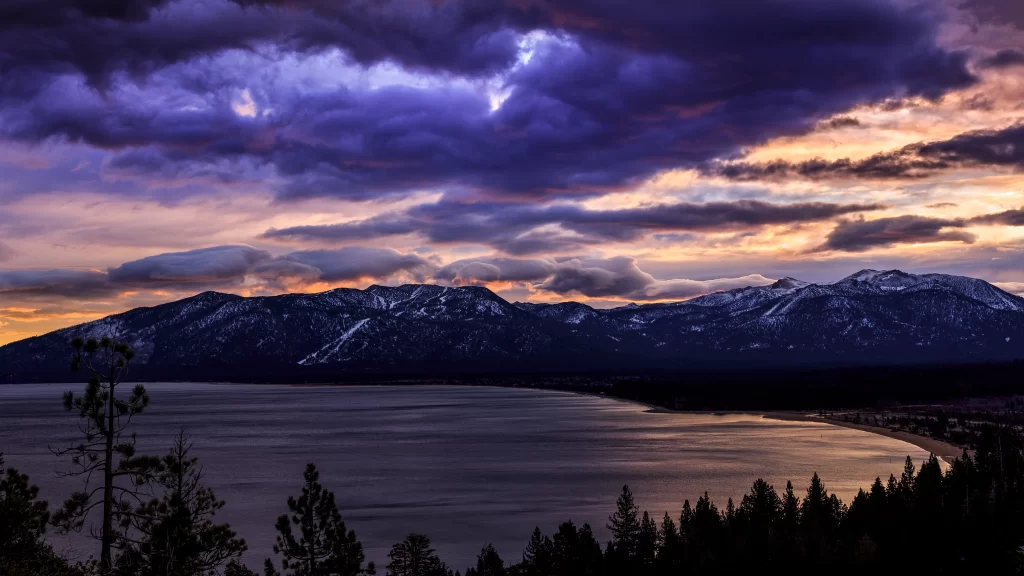 Sunset, mountains, lake, clouds, trees, snow