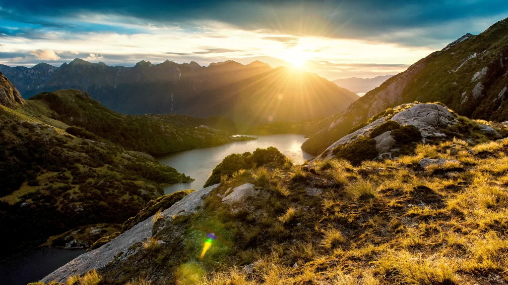 Sunset mountains lake nature landscape tranquility