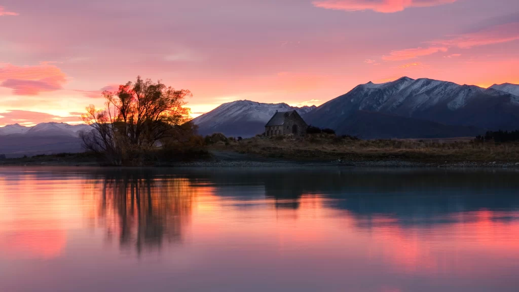 Sunset mountains lake reflection tree sky