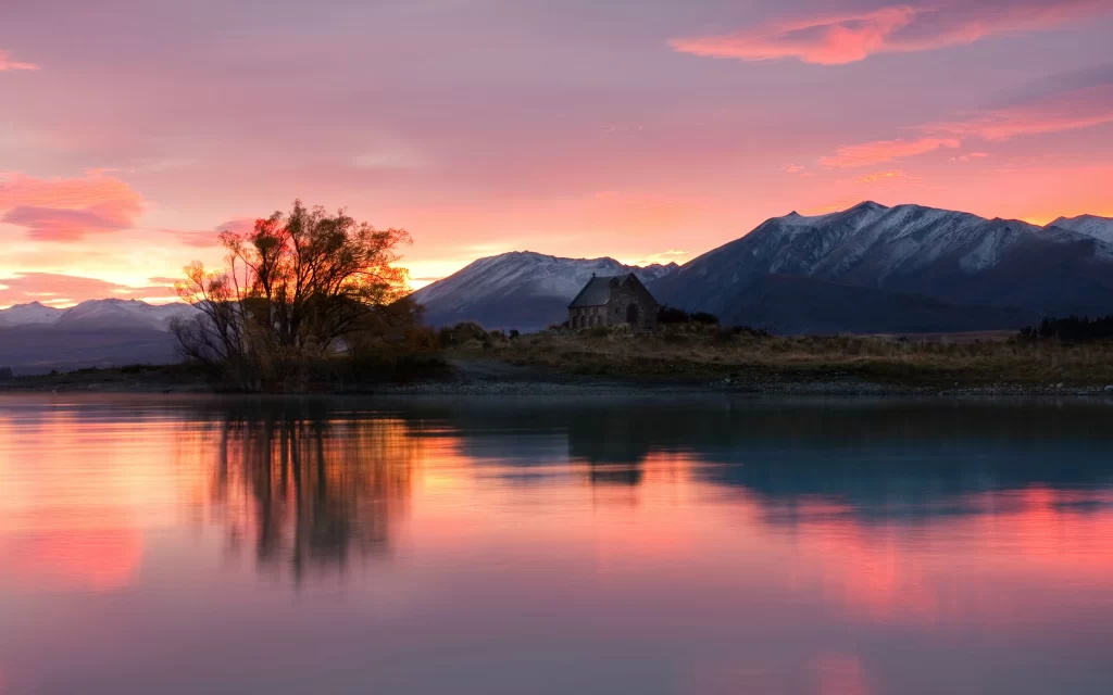 Sunset mountains lake reflection tree sky