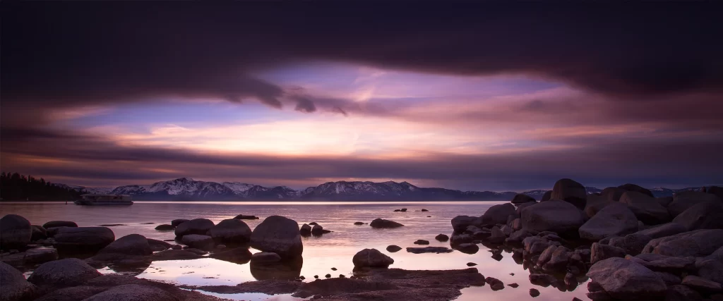 Sunset, mountains, lake, rocks, clouds, reflection