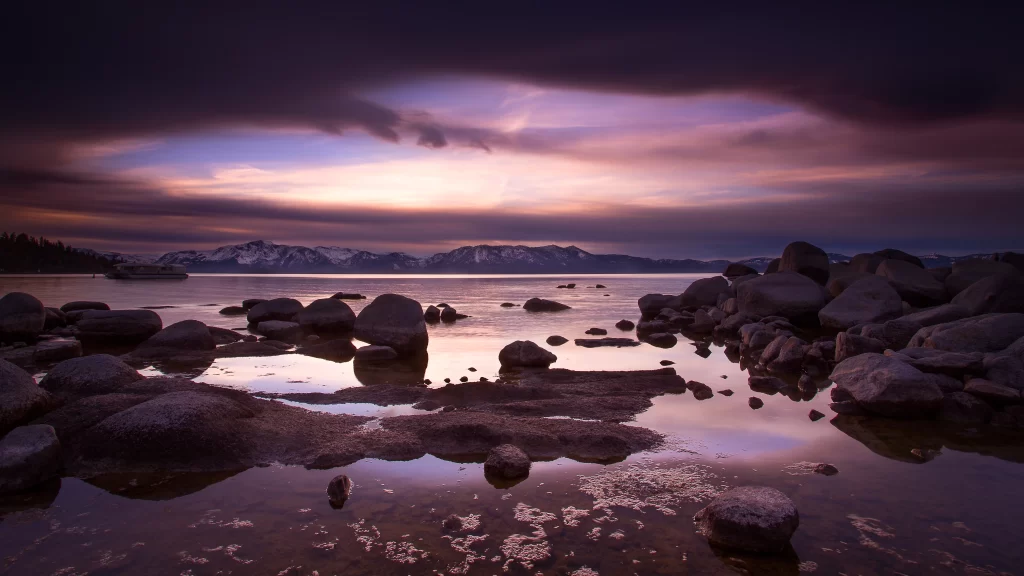 Sunset, mountains, lake, rocks, clouds, reflection
