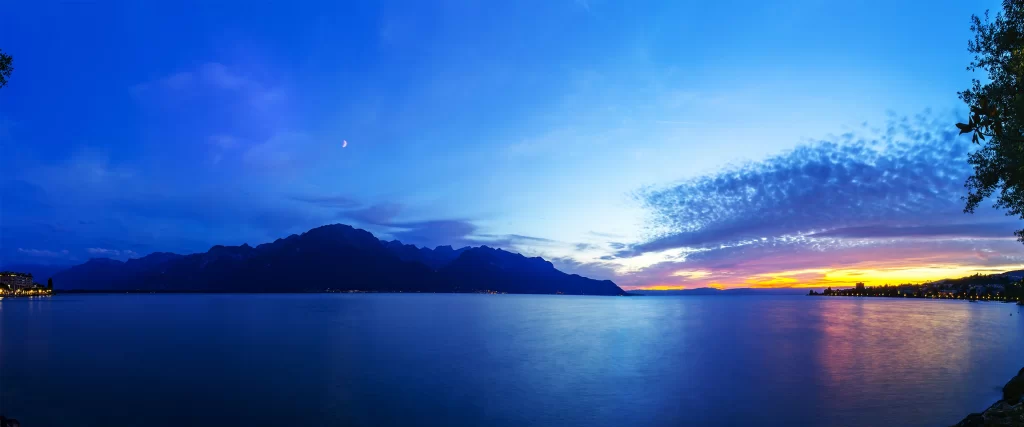 Sunset, mountains, lake, sky, clouds, reflection