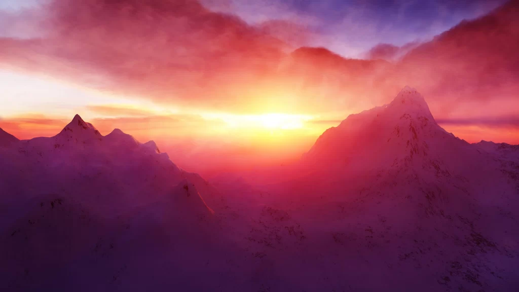 Sunset mountains snow clouds sky landscape nature tranquility