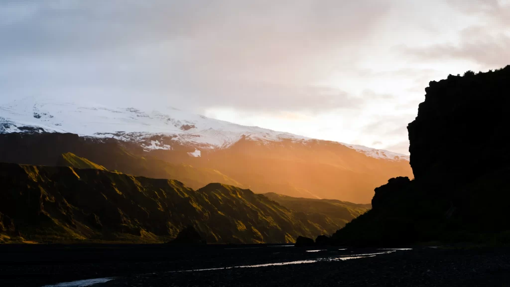 Sunset mountains snow landscape river clouds
