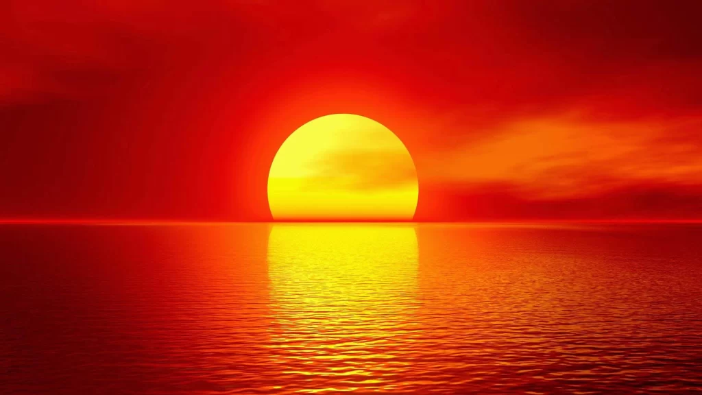 Sunset, ocean, reflection, clouds, warm colors, horizon