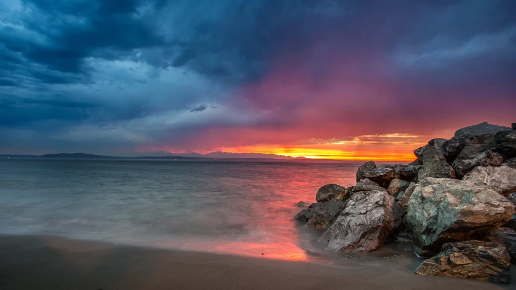 Sunset Ocean Rocks Clouds Colors Horizon