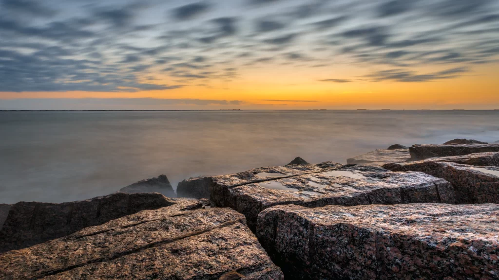 Sunset Ocean Rocks Clouds Horizon Serene
