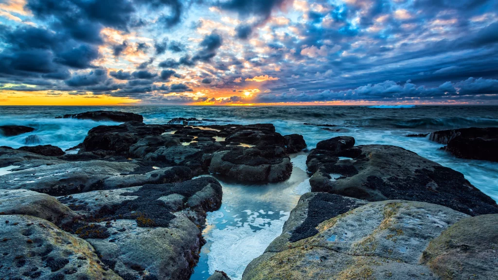 Sunset Ocean Rocks Clouds Waves Horizon