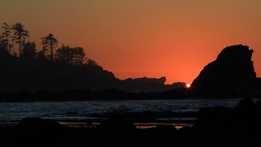 Sunset ocean silhouette trees rocks sky