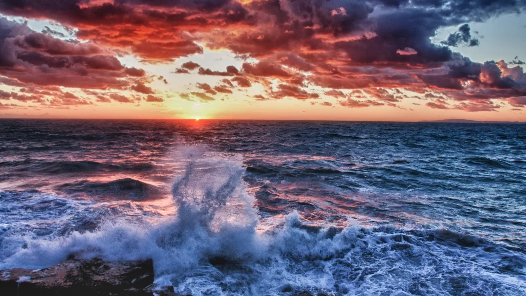 Sunset ocean waves clouds horizon sky