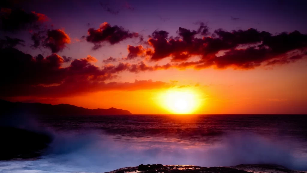 Sunset ocean waves clouds horizon sky
