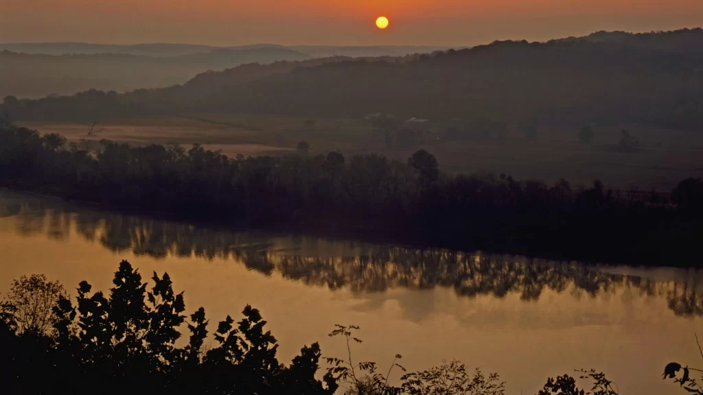 Sunset river landscape nature tranquility reflection