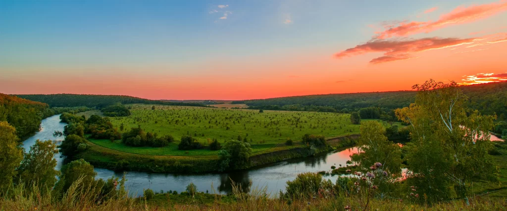 Sunset, river, landscape, nature, trees, sky