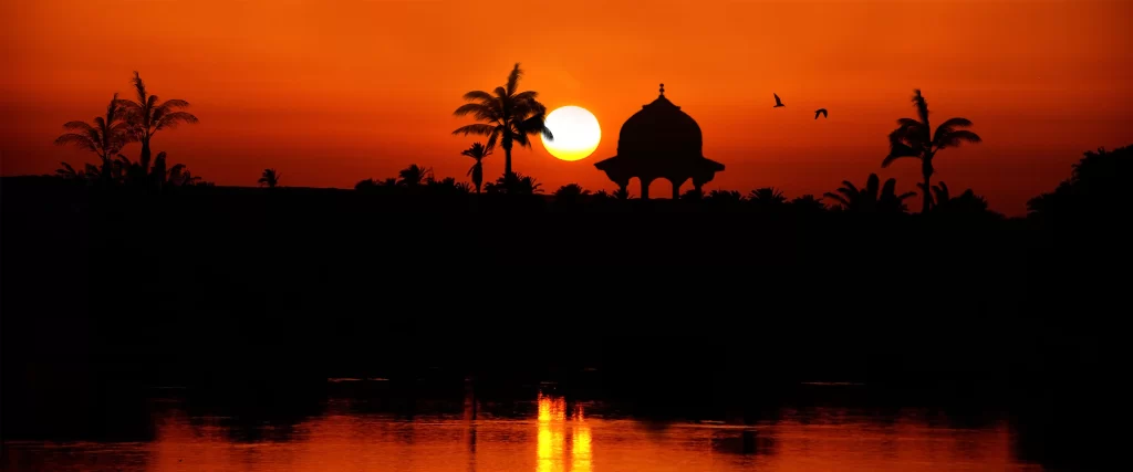 Sunset, water, palm trees, gazebo, birds, reflection
