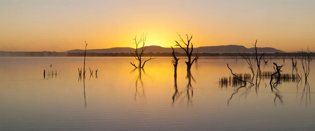Sunset, water, trees, reflection, mountains, sky