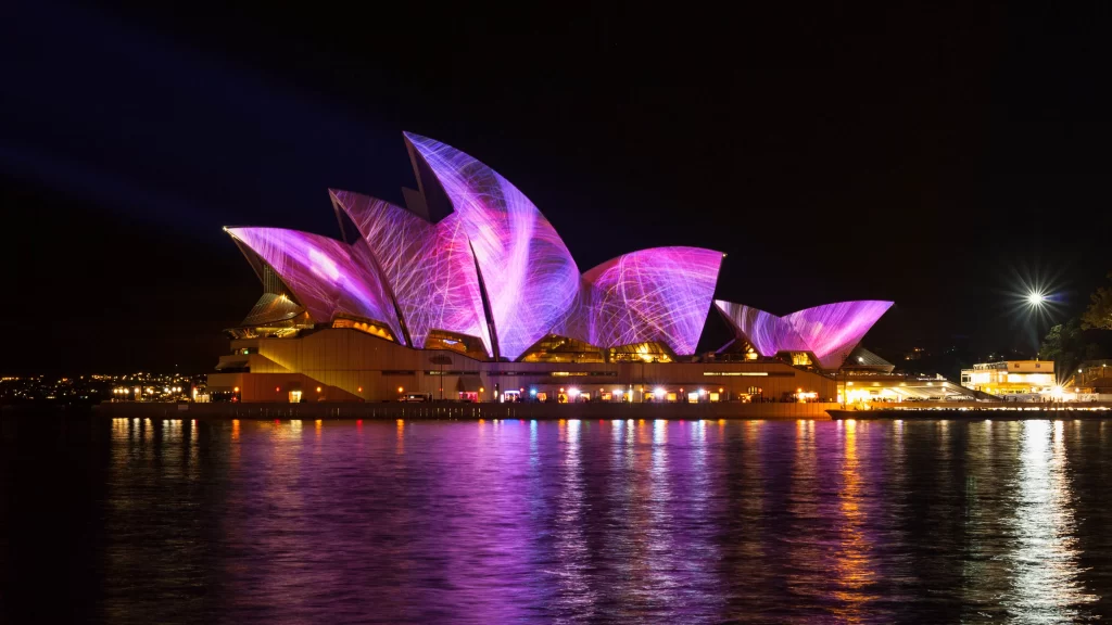 Sydney Opera House, night, lights, water, reflection, architecture