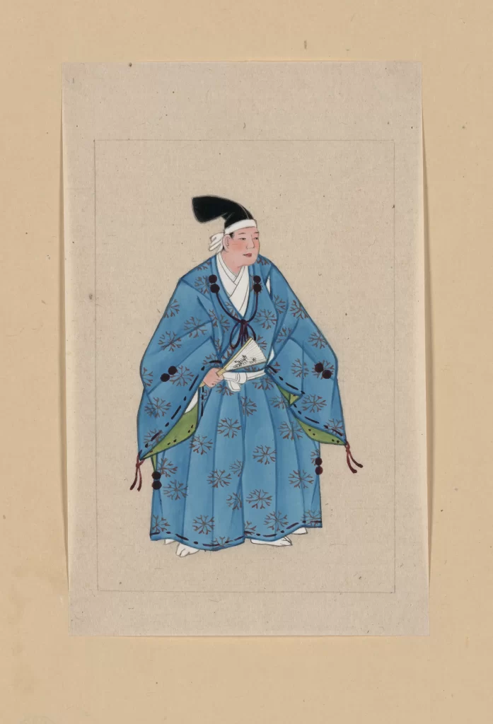 Traditional Attire Blue Robe Patterned Design Fan Cultural Art Historical Figure