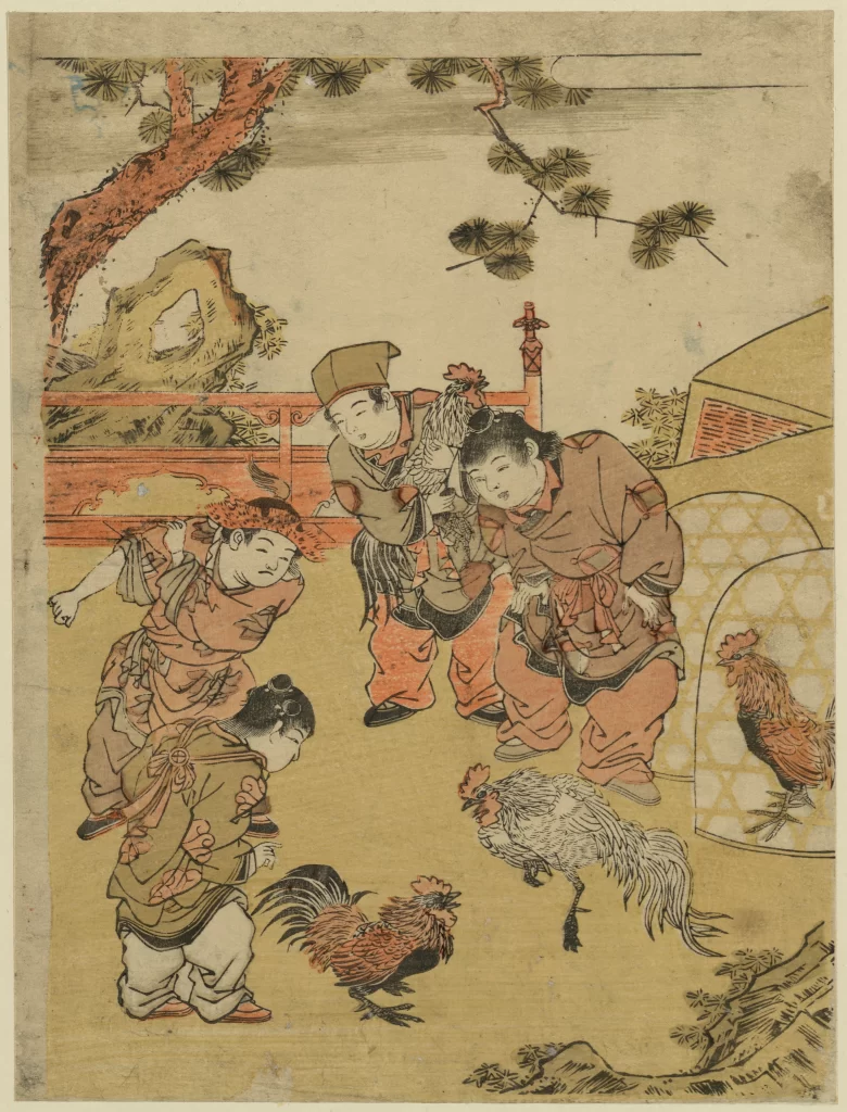 Traditional Japanese Art Children Roosters Garden