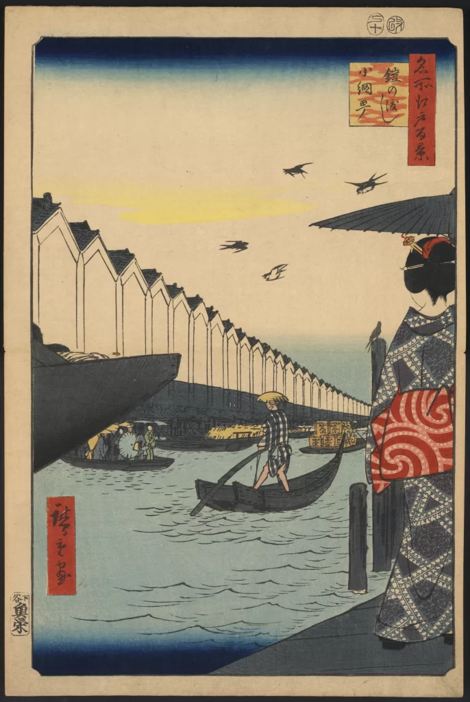 Traditional Japanese Art Edo Period River Boats Kimono