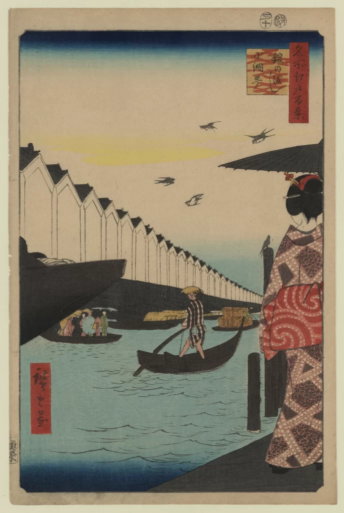 Traditional Japanese Art Edo Period River Boats Kimono