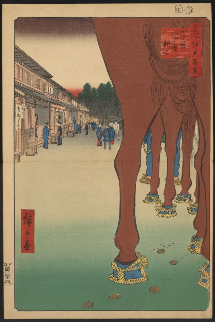 Traditional Japanese Art Horses Street Scene Woodblock Print