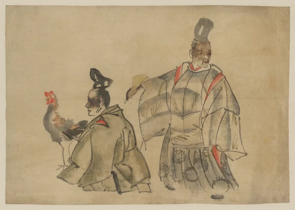 Traditional Japanese Art Ink Painting Rooster Historical Attire Cultural Depiction