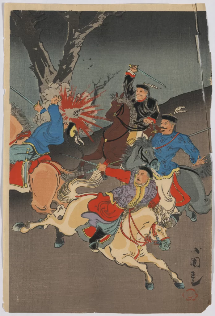 Traditional Japanese Art Samurai Horses Battle Ukiyo-e Dynamic Scene
