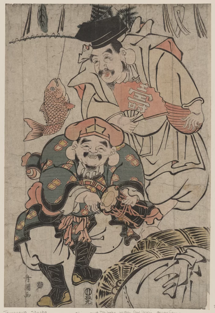 Traditional Japanese Art Woodblock Print Cultural Symbols Historical Figures Colorful Attire Symbolic Fish