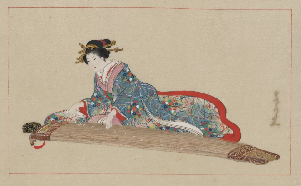Traditional Japanese Attire Koto Instrument Elegant Pose Cultural Art Historical Depiction