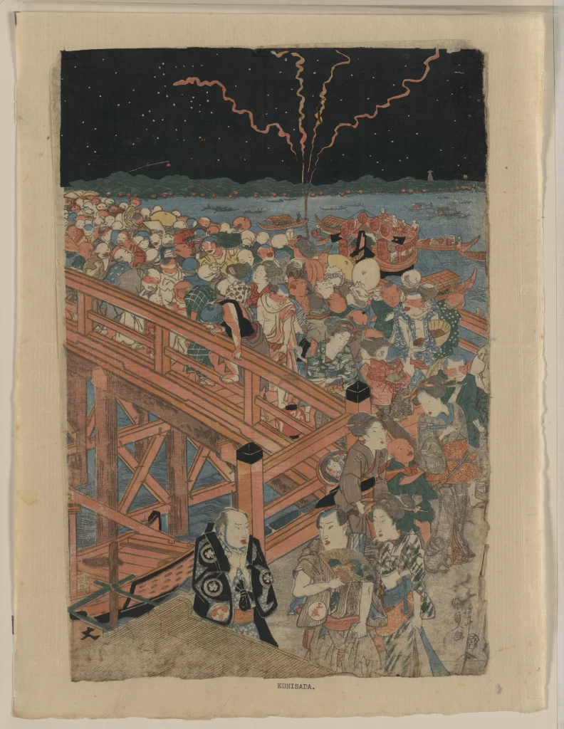 Traditional Japanese Fireworks Festival Crowd Edo Period Ukiyo-e