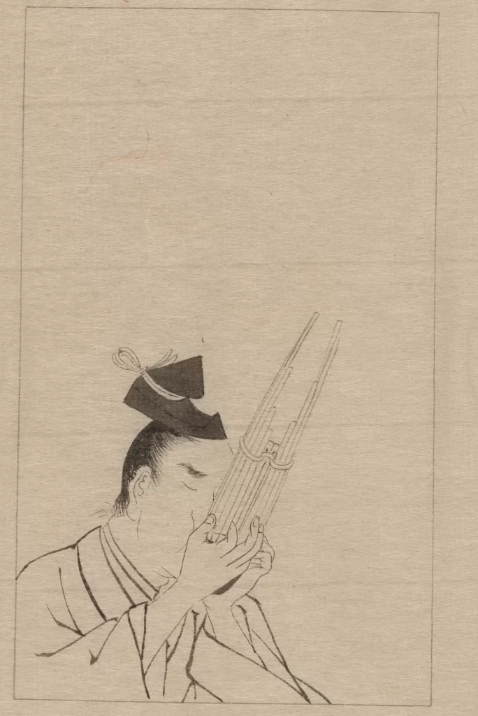 Traditional Japanese Ink Drawing Musician Flute