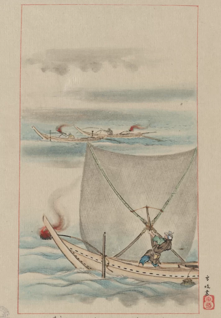 Traditional Japanese Ink Painting Boats Fisherman Nature