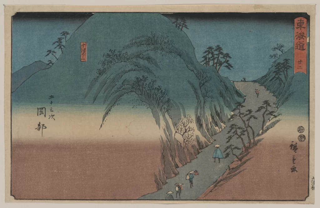 Traditional Japanese Landscape Mountains Pathway Trees Travelers