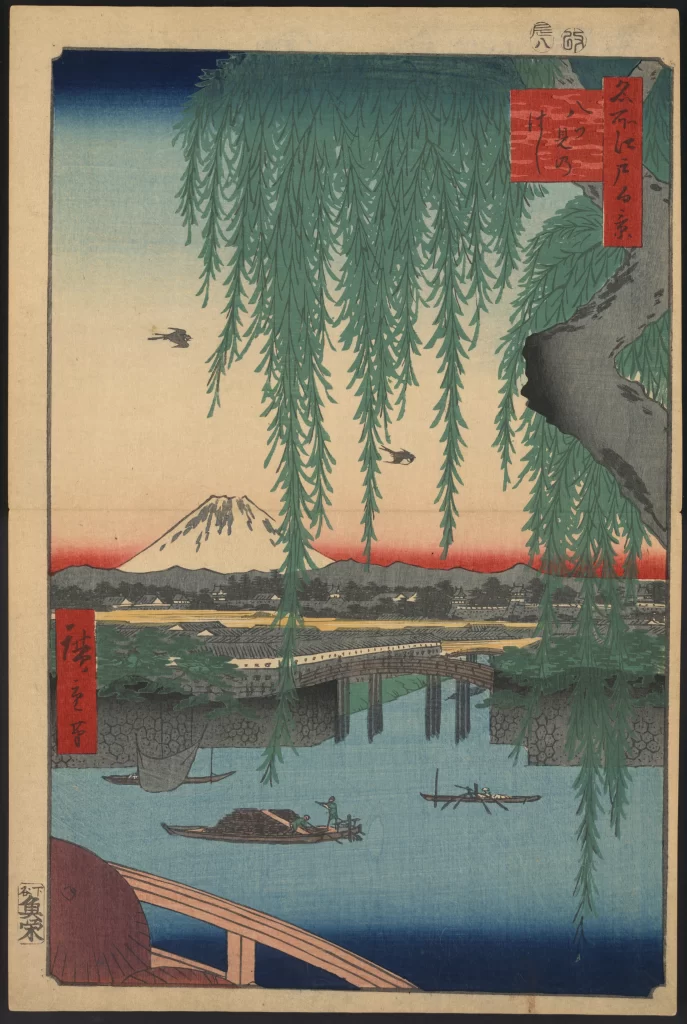 Traditional Japanese Landscape Willow Bridge Boats Mount Fuji