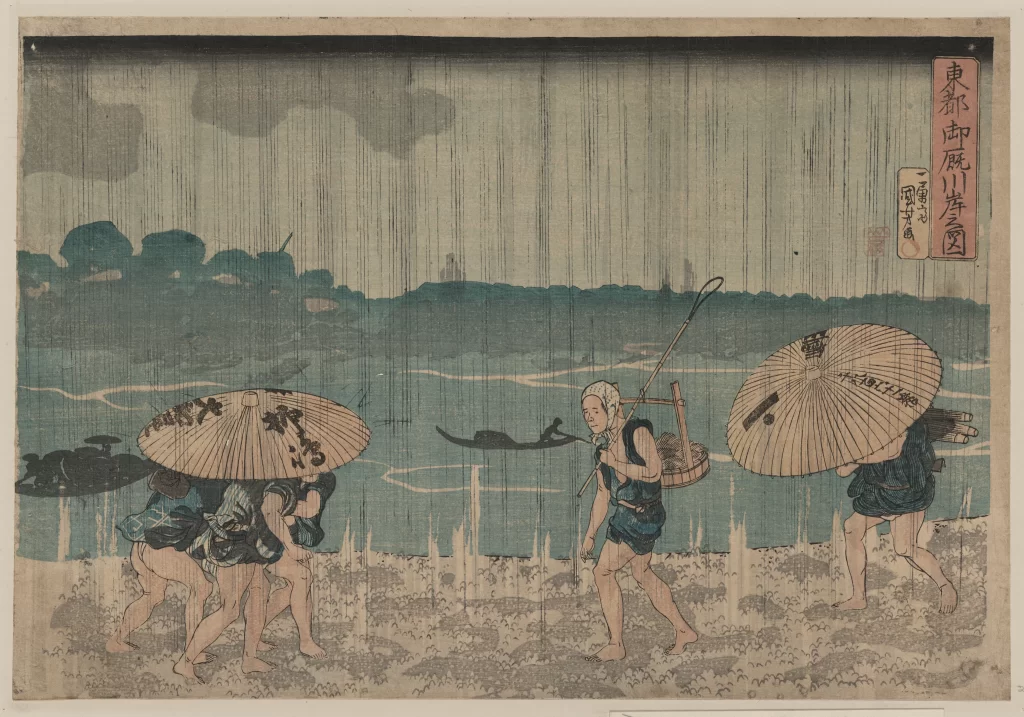 Traditional Japanese Rainstorm Umbrellas River Travelers