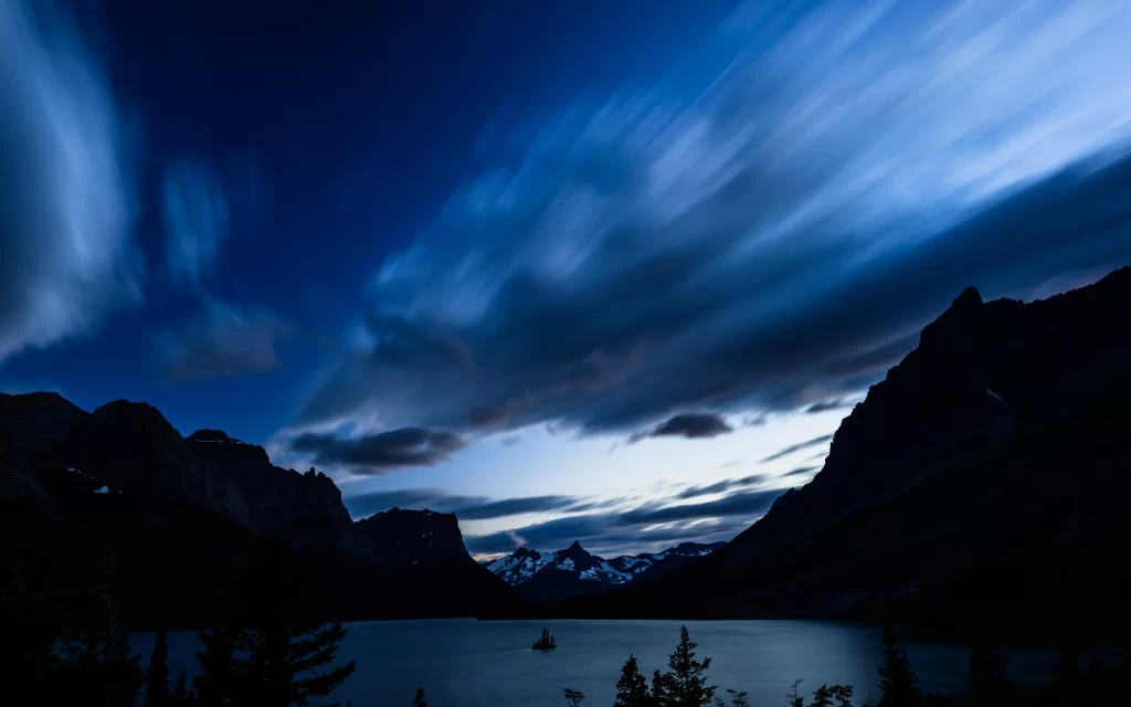 Twilight Mountains Lake Clouds Reflection Silhouette