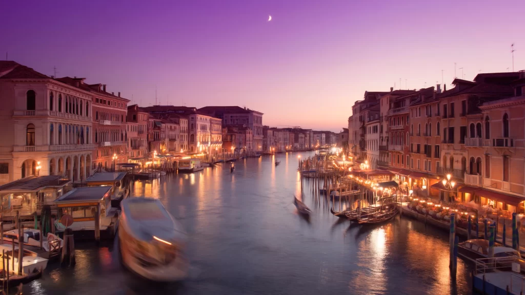 Venice canal twilight gondola architecture reflections