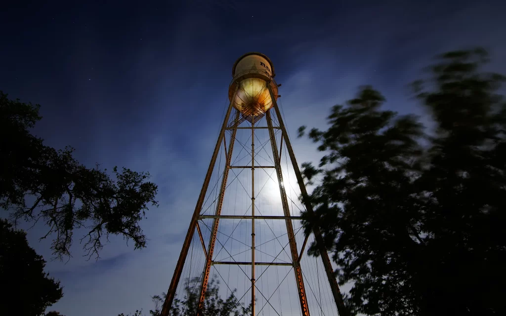 Water Tower Night Sky Moon Trees Rustic