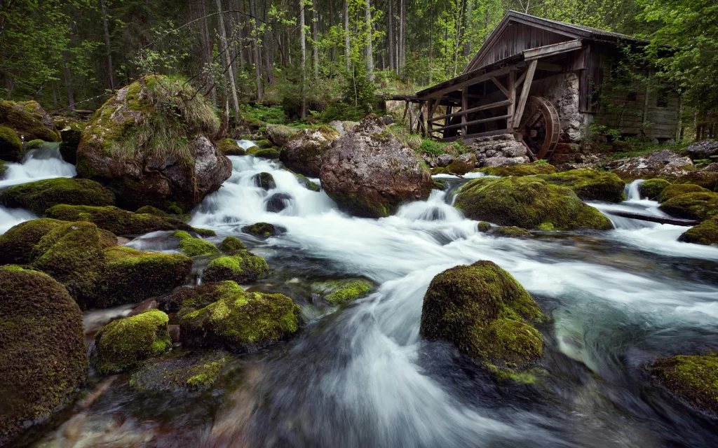 Waterfall Mossy Rocks Stream Forest Cabin Nature