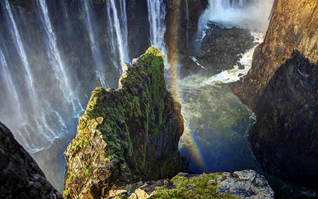 Waterfall Nature Rock Cliff Mist Rainbow