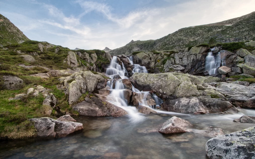 Waterfall Rocks Mountains Greenery Sky Nature