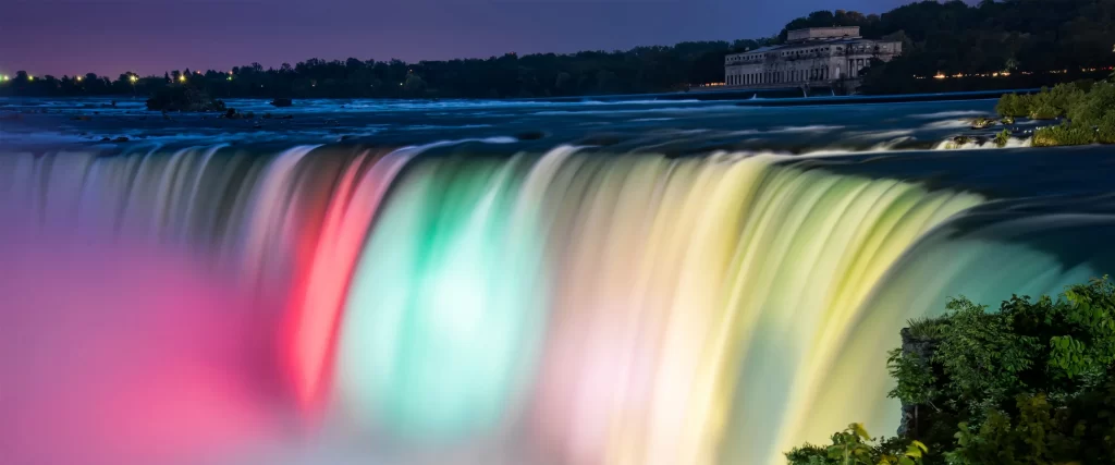 Waterfall, colorful lights, night, nature, serene, illuminated
