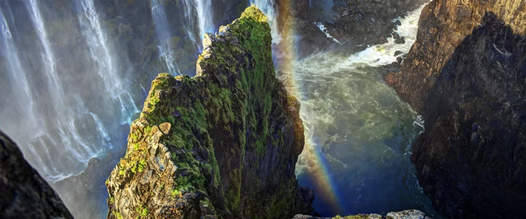 Waterfall, rainbow, rocky, greenery, mist, serene