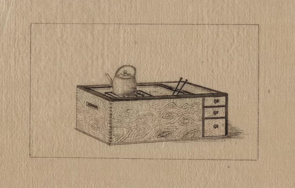Wooden Box Teapot Drawers Vintage Illustration