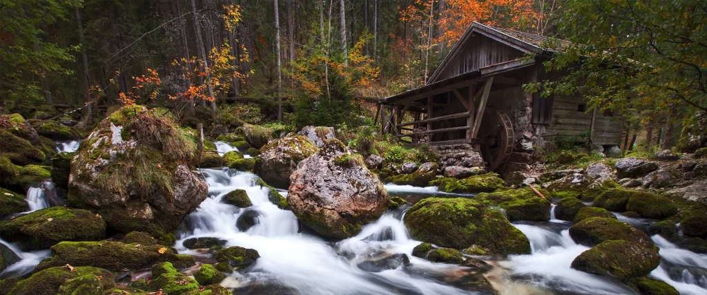 Wooden cabin, stream, mossy rocks, autumn leaves, forest