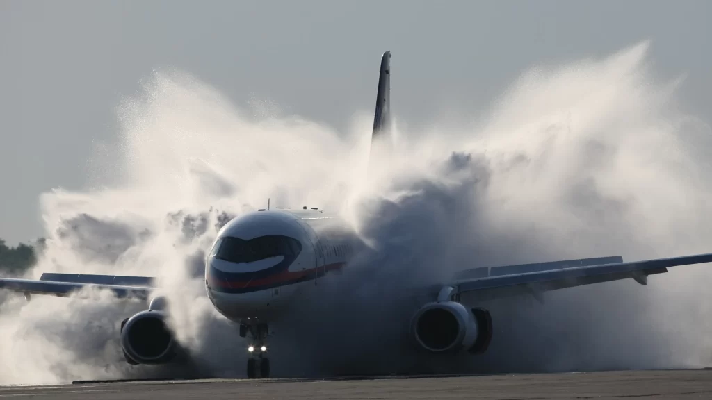 airplane landing water splash runway
