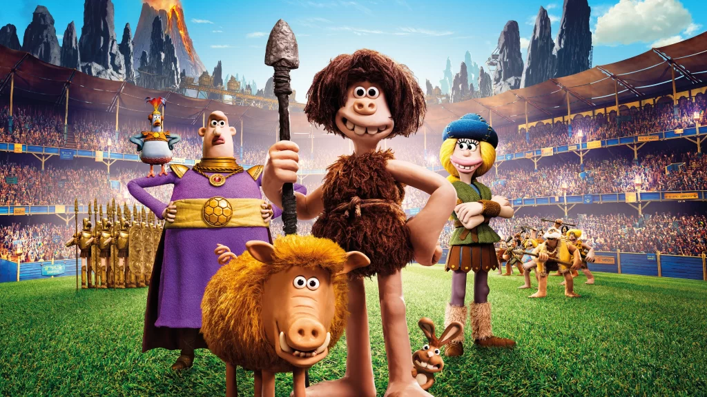 animated characters ancient stadium diverse audience volcanic mountain green gra