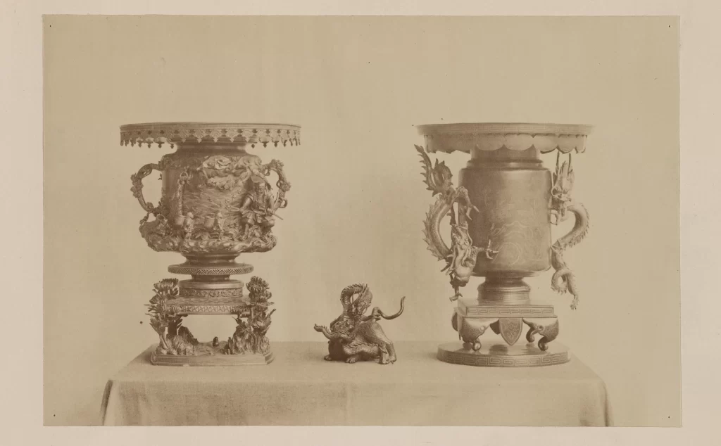 Antique Vases Ornate Design Dragon Motifs Sepia Tone Classical Style Detailed Craftsmanship